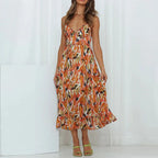 Abstract Print Spaghetti Strap Ruched Bust Ruffle Hem Midi Dress