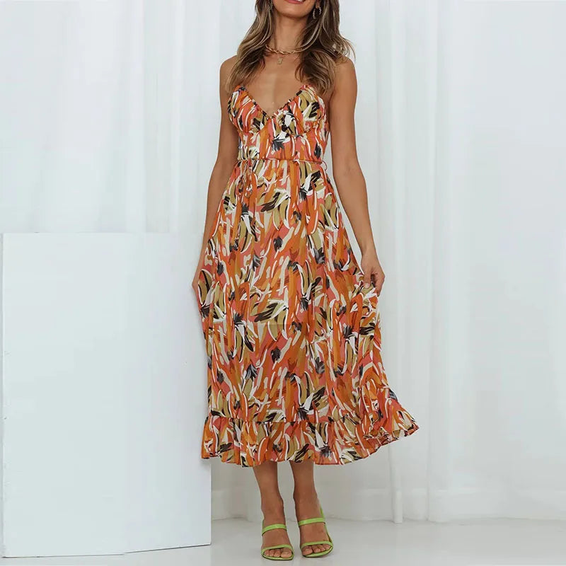 Abstract Print Spaghetti Strap Ruched Bust Ruffle Hem Midi Dress