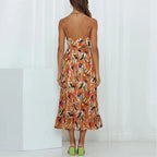 Abstract Print Spaghetti Strap Ruched Bust Ruffle Hem Midi Dress
