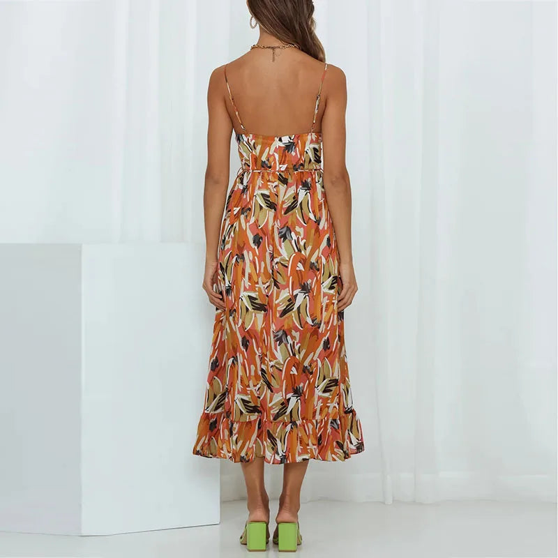 Abstract Print Spaghetti Strap Ruched Bust Ruffle Hem Midi Dress