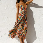 Abstract Print Spaghetti Strap Ruched Bust Ruffle Hem Midi Dress