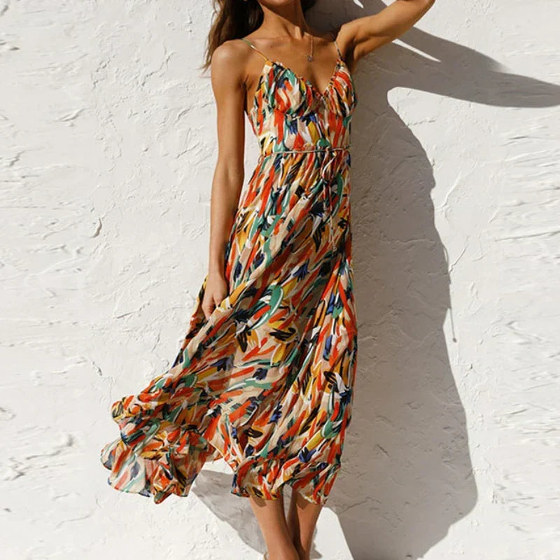 Abstract Print Spaghetti Strap Ruched Bust Ruffle Hem Midi Dress
