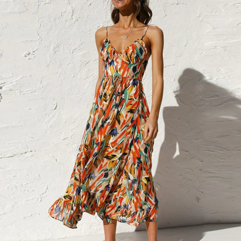 Abstract Print Spaghetti Strap Ruched Bust Ruffle Hem Midi Dress