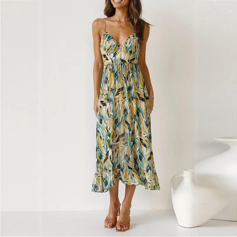 Abstract Print Spaghetti Strap Ruched Bust Ruffle Hem Midi Dress