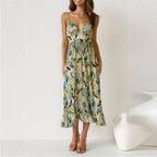 Abstract Print Spaghetti Strap Ruched Bust Ruffle Hem Midi Dress
