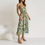 Abstract Print Spaghetti Strap Ruched Bust Ruffle Hem Midi Dress
