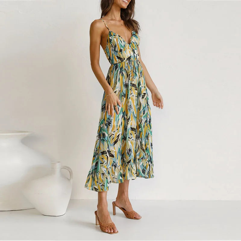 Abstract Print Spaghetti Strap Ruched Bust Ruffle Hem Midi Dress