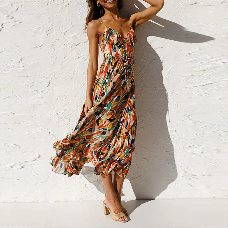 Abstract Print Spaghetti Strap Ruched Bust Ruffle Hem Midi Dress