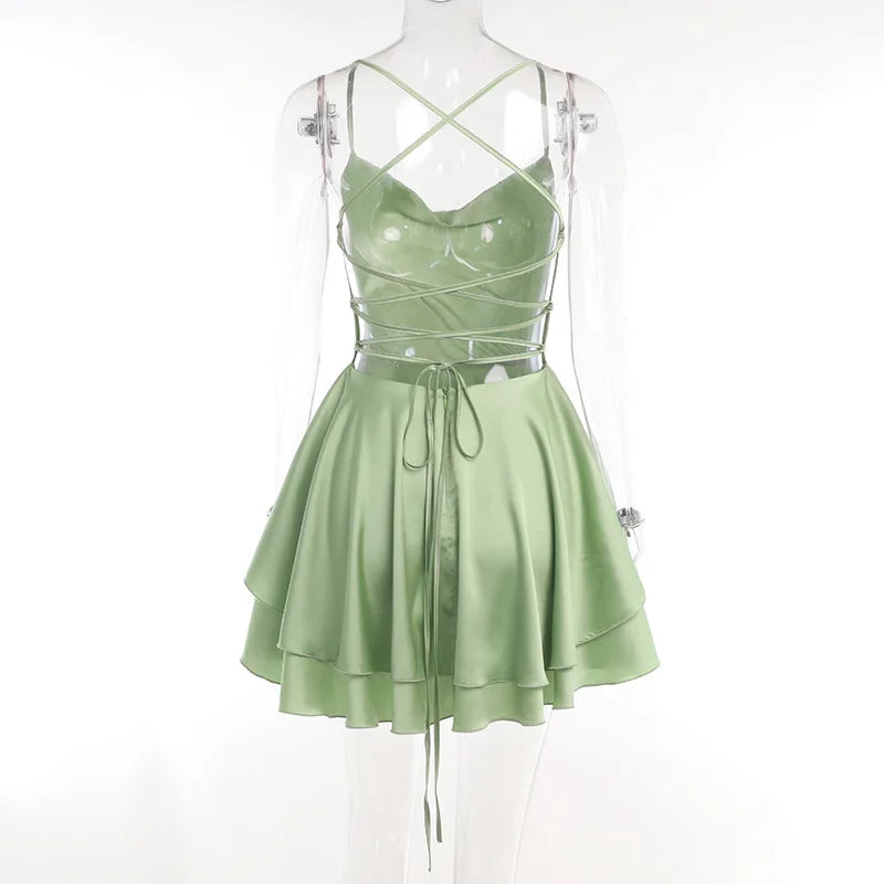 Satin Cowl Neck Spaghetti Strap Tiered Ruffle Waistband Mini Dress