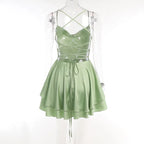 Satin Cowl Neck Spaghetti Strap Tiered Ruffle Waistband Mini Dress