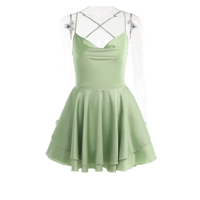 Satin Cowl Neck Spaghetti Strap Tiered Ruffle Waistband Mini Dress