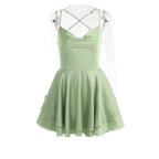 Satin Cowl Neck Spaghetti Strap Tiered Ruffle Waistband Mini Dress