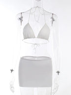 Floral Lace Halter Lace Up Mesh Crop Top Bodycon Mini Skirt Set