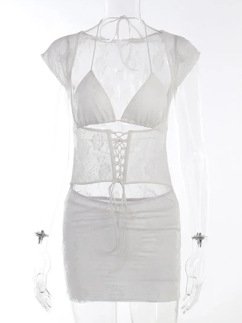 Floral Lace Halter Lace Up Mesh Crop Top Bodycon Mini Skirt Set