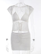 Floral Lace Halter Lace Up Mesh Crop Top Bodycon Mini Skirt Set