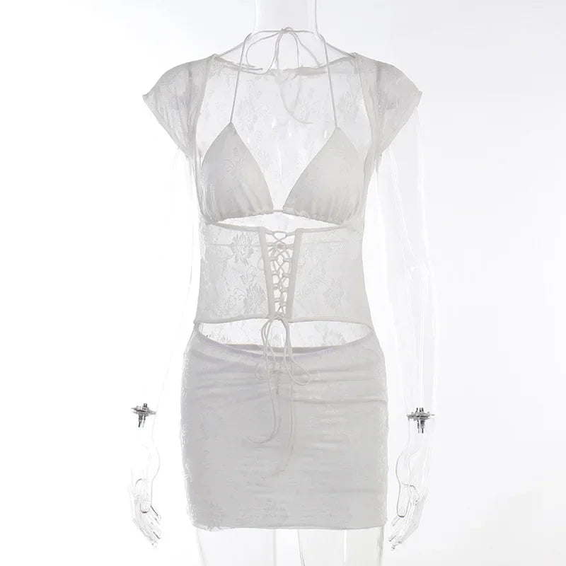 Floral Lace Halter Lace Up Mesh Crop Top Bodycon Mini Skirt Set