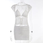 Floral Lace Halter Lace Up Mesh Crop Top Bodycon Mini Skirt Set
