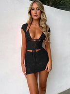 Floral Lace Halter Lace Up Mesh Crop Top Bodycon Mini Skirt Set