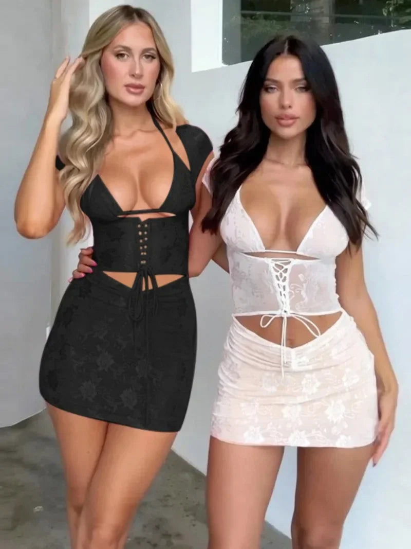 Floral Lace Halter Lace Up Mesh Crop Top Bodycon Mini Skirt Set