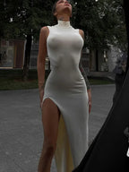 Mock Neck Sleeveless High Slit Bodycon Maxi Dress