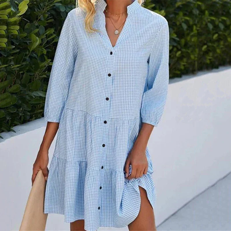 Gingham Check Button Front Tiered Shirt Mini Dress