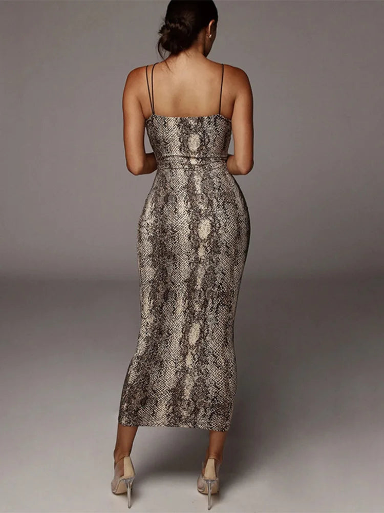 Print Criss Cross Strap Deep V-Neck Bodycon Midi Dress