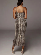 Print Criss Cross Strap Deep V-Neck Bodycon Midi Dress