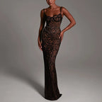 Lace Corset Spaghetti Strap Mermaid Chain Belt Maxi Gown