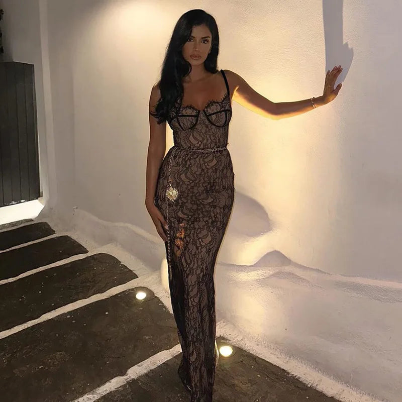 Lace Corset Spaghetti Strap Mermaid Chain Belt Maxi Gown