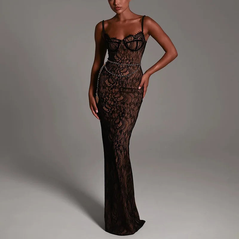 Lace Corset Spaghetti Strap Mermaid Chain Belt Maxi Gown