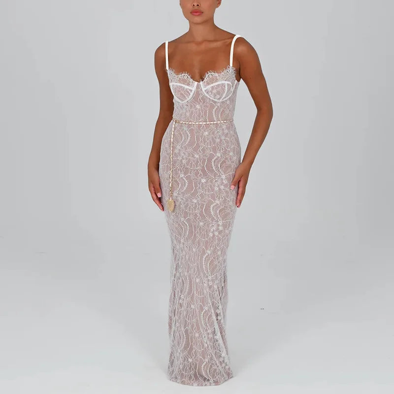 Lace Corset Spaghetti Strap Mermaid Chain Belt Maxi Gown