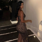 Lace Corset Spaghetti Strap Mermaid Chain Belt Maxi Gown
