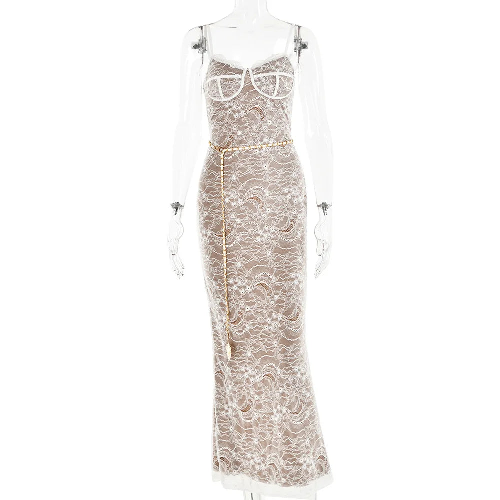 Lace Corset Spaghetti Strap Mermaid Chain Belt Maxi Gown