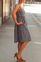 U Neck Button Down Tank Dress with Pockets