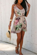 V Neck Tie Waist Ruffle Printed Cami Dress