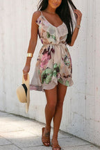 V Neck Tie Waist Ruffle Printed Cami Dress