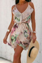 V Neck Tie Waist Ruffle Printed Cami Dress