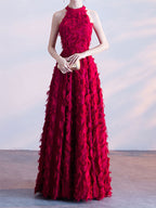 Feather Maxi Dress Halter Sleeveless A-Line Elegant Prom Dresses