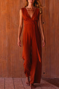 V Neck Sleeveless Tie Waist Wide Leg Jumpsuit