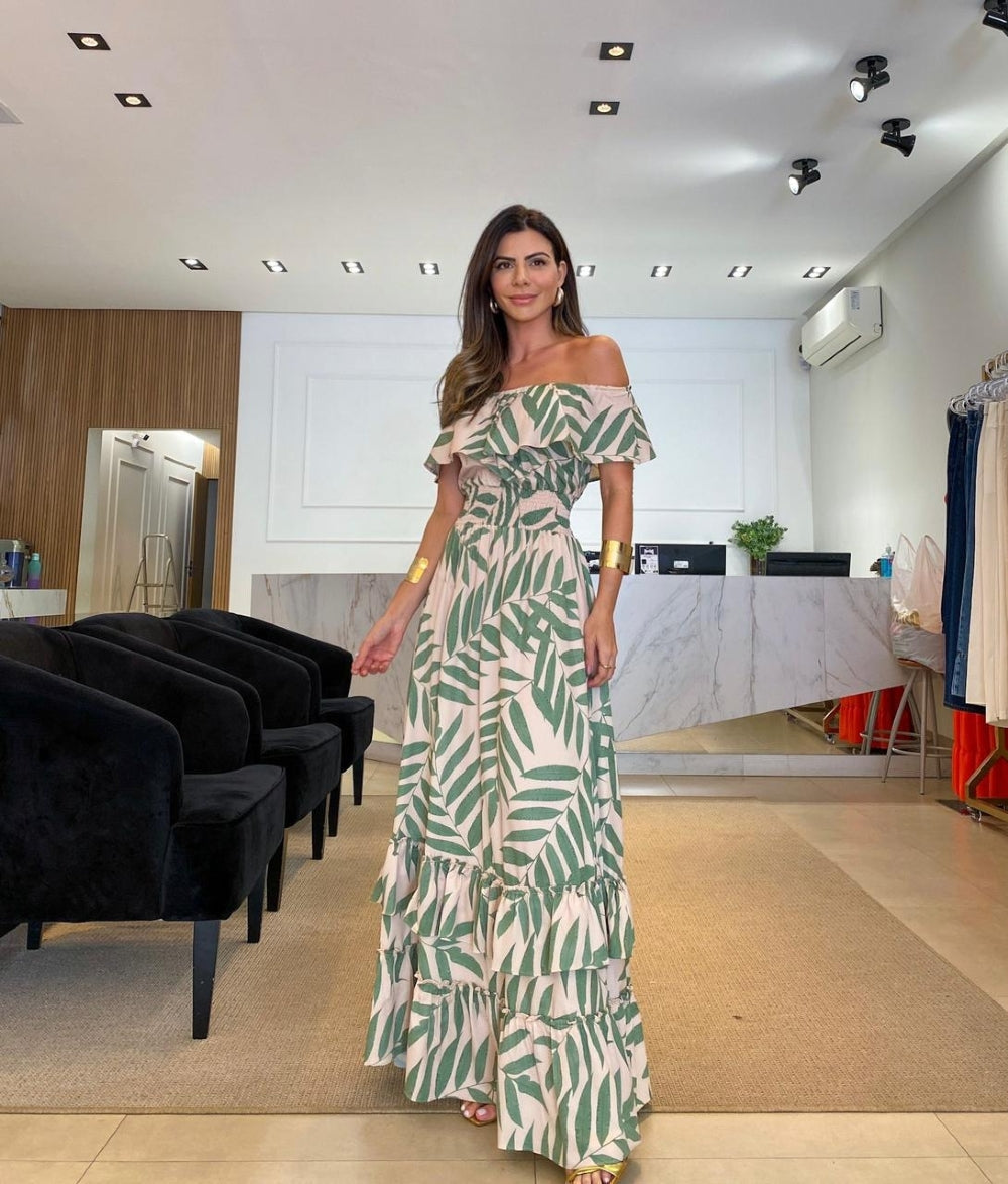 Off Shoulder Ruffle Shirred Waist Tiered Palm Leaf Print Maxi Dress