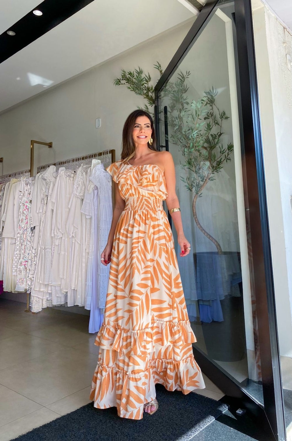 Off Shoulder Ruffle Shirred Waist Tiered Palm Leaf Print Maxi Dress