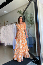 Off Shoulder Ruffle Shirred Waist Tiered Palm Leaf Print Maxi Dress