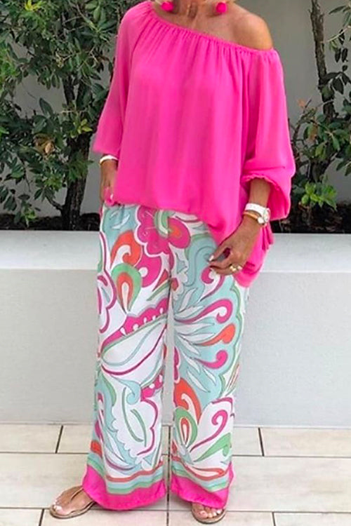 Crewneck Long Sleeve T-shirt and Wide Leg Printed Pants Set