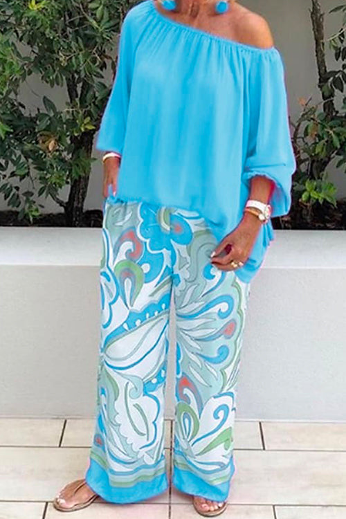 Crewneck Long Sleeve T-shirt and Wide Leg Printed Pants Set