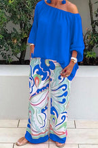 Crewneck Long Sleeve T-shirt and Wide Leg Printed Pants Set