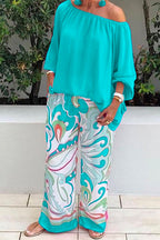 Crewneck Long Sleeve T-shirt and Wide Leg Printed Pants Set