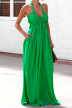 Deep V Neck Sleeveless Swing Dress with Pockets