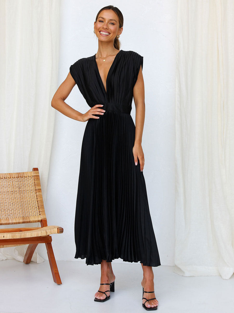 Midi Dress V-Neck Sleeveless Casual Oversized Pleated Party Prom Dress