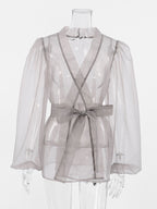 Shirt For Women Gray Stretch Pleated Lace Up V-Neck Casual Long Sleeves Tulle Tops