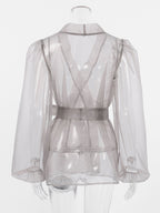 Shirt For Women Gray Stretch Pleated Lace Up V-Neck Casual Long Sleeves Tulle Tops